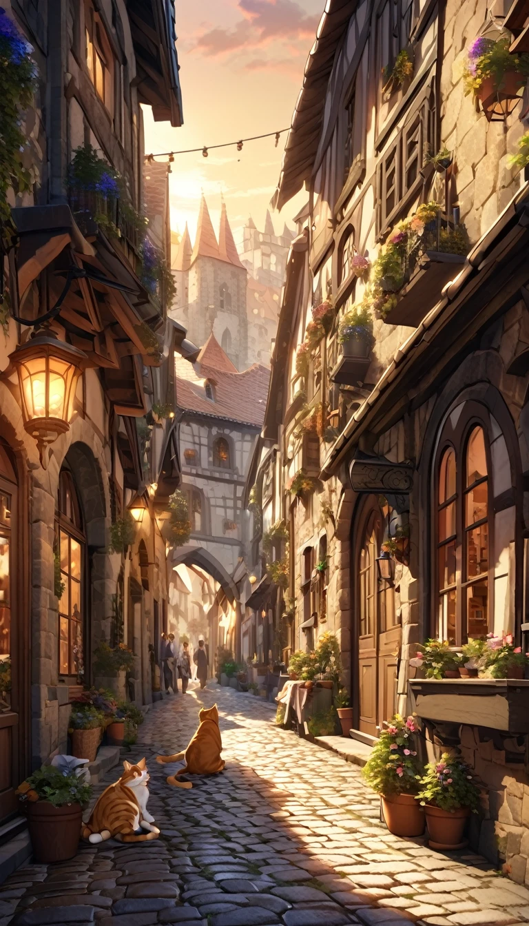 the streets of a charming Italian town,,sharp focus,physically-based rendering,extreme detail description,professional,vivid colors,bokeh,street scene,medieval architecture,cobblestone roads,colorful buildings,laundry hanging from windows,potted plants,cats,warm lighting,golden hour,picturesque,cinematic,landscape,photography
