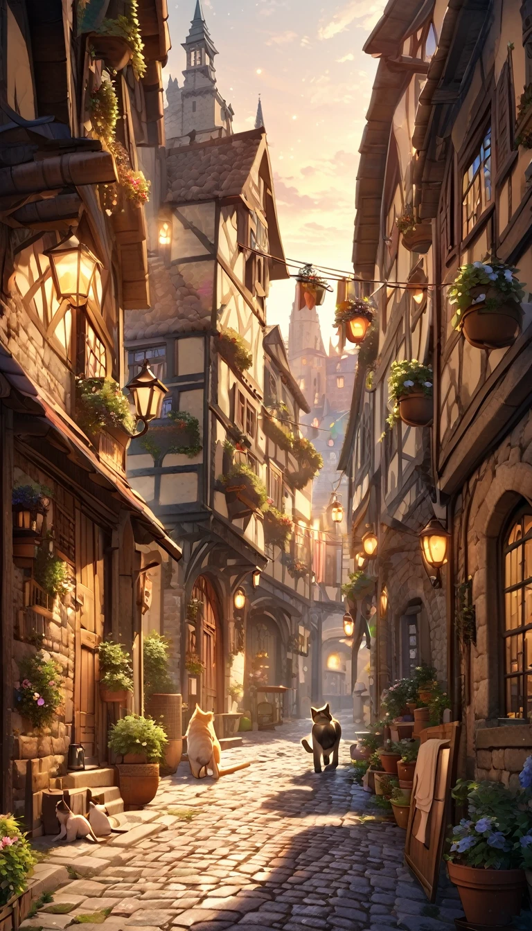 the streets of a charming Italian town,,sharp focus,physically-based rendering,extreme detail description,professional,vivid colors,bokeh,street scene,medieval architecture,cobblestone roads,colorful buildings,laundry hanging from windows,potted plants,cats,warm lighting,golden hour,picturesque,cinematic,landscape,photography
