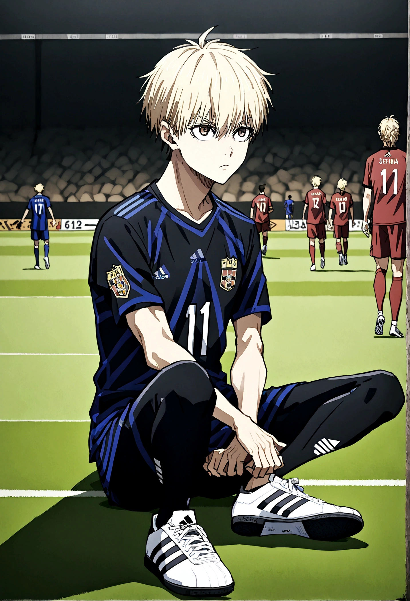 1boy, lion eyes, Vestindo a camisa da seleção iraquiana da Adidas, Sentado em uma bola de futebol no centro do Camp Nou, brown eyes, fashionable hair, blonde hair, black shirt, number 11, looking at the side, {{long hair}}, 