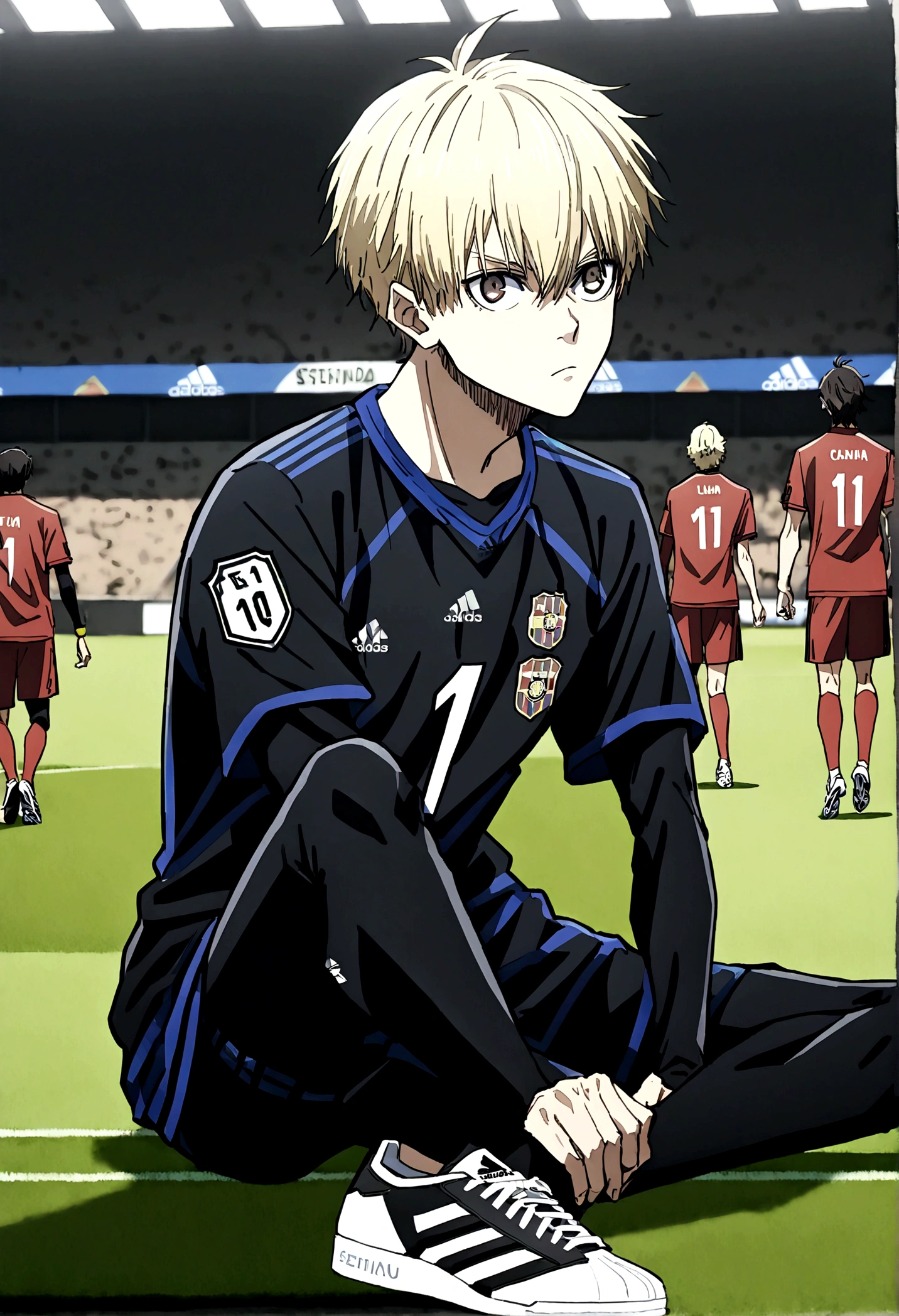 1boy, lion eyes, Vestindo a camisa da seleção iraquiana da Adidas, Sentado em uma bola de futebol no centro do Camp Nou, brown eyes, fashionable hair, blonde hair, black shirt, number 11, looking at the side, {{long hair}}, 