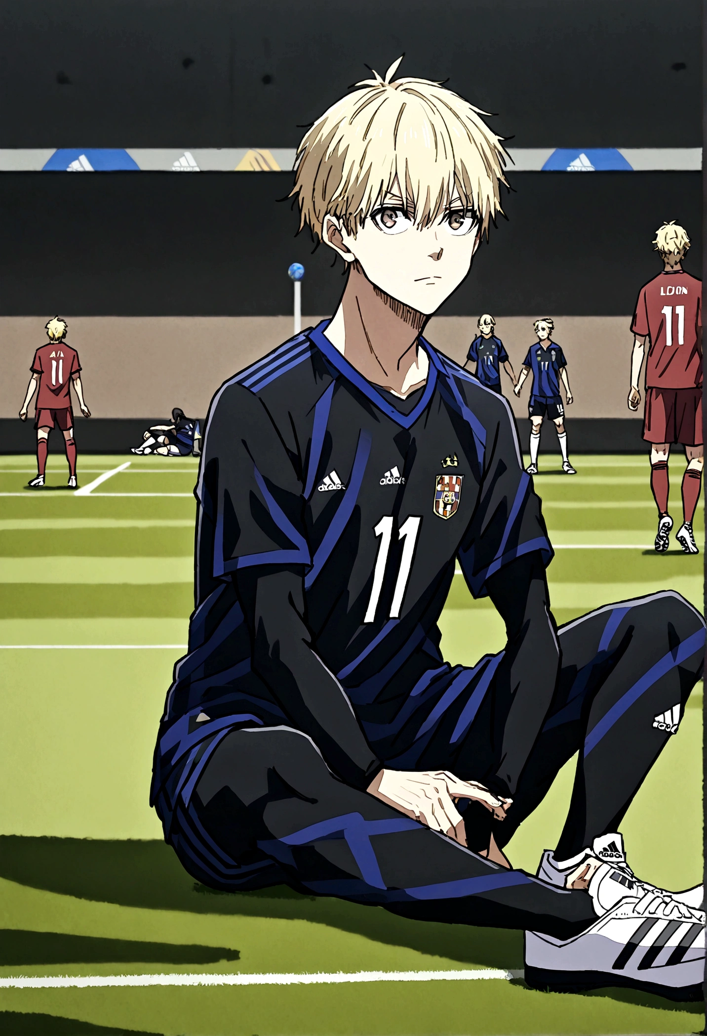 1boy, lion eyes, Vestindo a camisa da seleção iraquiana da Adidas, Sentado em uma bola de futebol no centro do Camp Nou, brown eyes, fashionable hair, blonde hair, black shirt, number 11, looking at the side, {{long hair}}, 