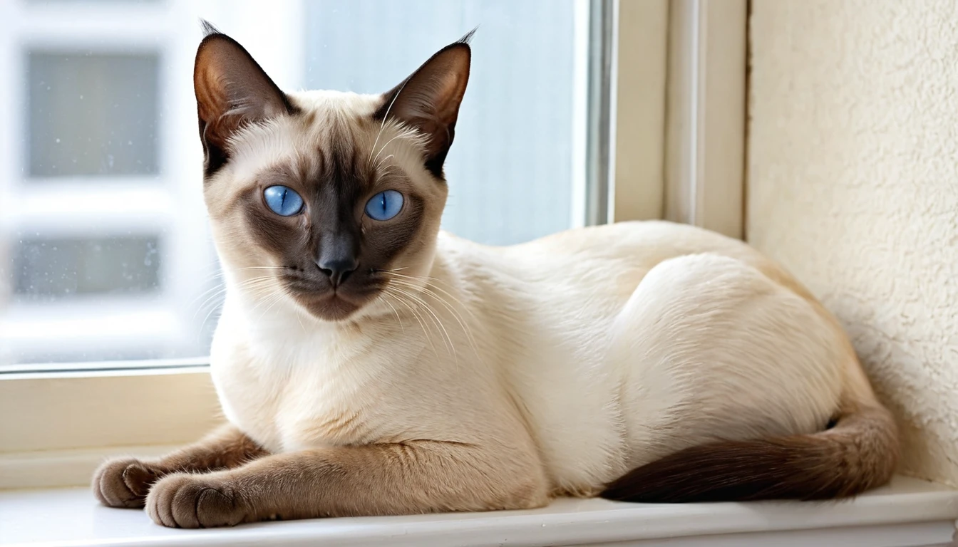 A detailed and realistic image of a Siamese cat, with blue almond-shaped eyes, short cream-colored fur with dark points on the ears, face, paws, and tail. The cat is sitting gracefully on a windowsill, bathed in soft, natural light, showcasing its elegant and sleek body. The background is a cozy, warmly lit room with a hint of greenery outside the window. The overall atmosphere is serene and inviting.