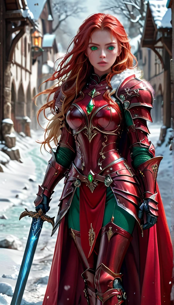 amazing quality, Artwork, best quality, hyper detailed, ultra detailed, Ultra HD, beautiful girl, perfect anatomy, Perfect body, model, elegant pose, wearing fantastic red full body armor with red cape, holding crystal sword, snowy medieval road, (random color:1.4), long hair, various hairstyles, red hair blonde highlights, green eyes, bright eyes, extremely detailed,