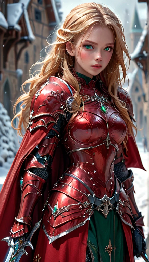 amazing quality, Artwork, best quality, hyper detailed, ultra detailed, Ultra HD, beautiful girl, perfect anatomy, Perfect body, model, elegant pose, wearing fantastic red full body armor with red cape, holding crystal sword, snowy medieval road, (random color:1.4), long hair, various hairstyles, red hair blonde highlights, green eyes, bright eyes, extremely detailed,