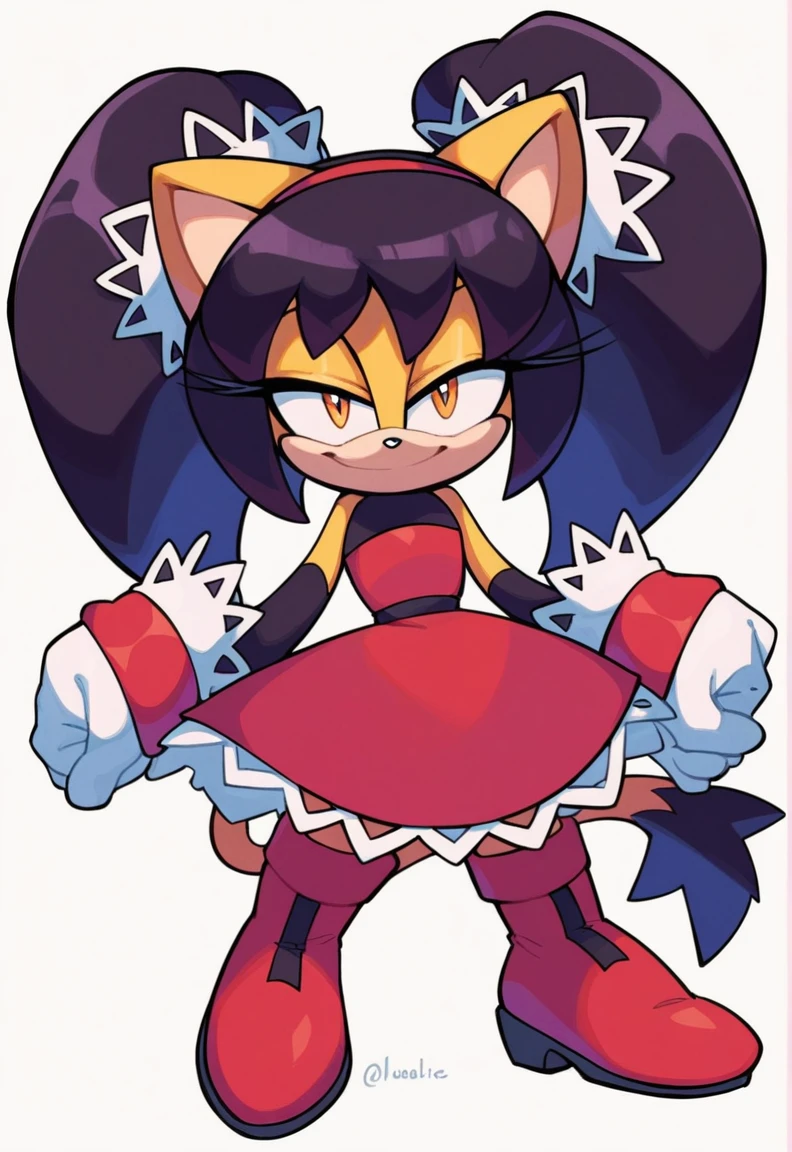 score_9, score_8_up, 2D, flat color, a plain white background with nothing in it, looking at viewer, 1girl, very detailed, extremely detailed, honey the cat from the sonic the hedgehog series, standing, full body, wide hips, narrow waist, curvy, red dress, frilly hair ties, half-closed eyes, smug smile, open hands, wide eyes