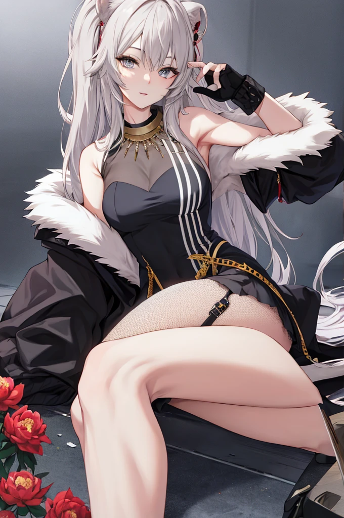masterpiece、Highest quality、Highly detailed face、Highly detailed eyes、Highly detailed background、Perfect lighting、One girl、solo、8K、Peony Costume、Fur trimming、Jacket、Long Hair、Assault rifle