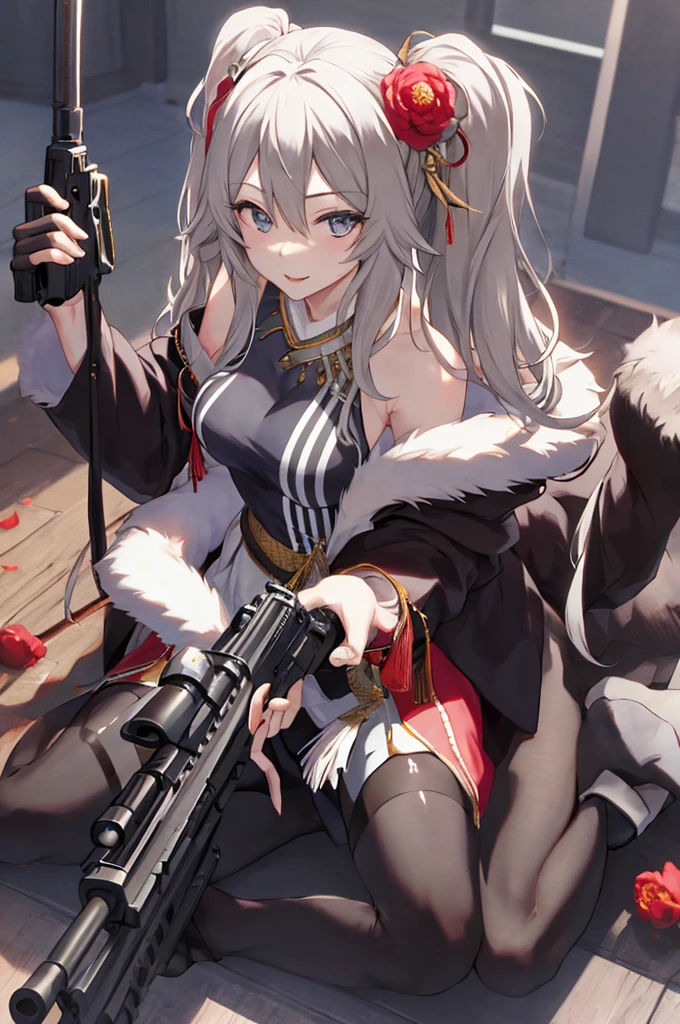 masterpiece、Highest quality、Highly detailed face、Highly detailed eyes、Highly detailed background、Perfect lighting、One girl、solo、8K、Peony Costume、Fur trimming、Jacket、Long Hair、Assault rifle