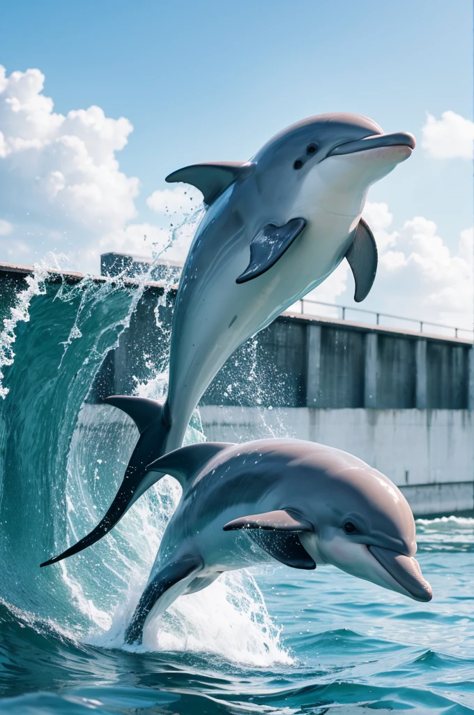 Dolphin jumping from a bridge