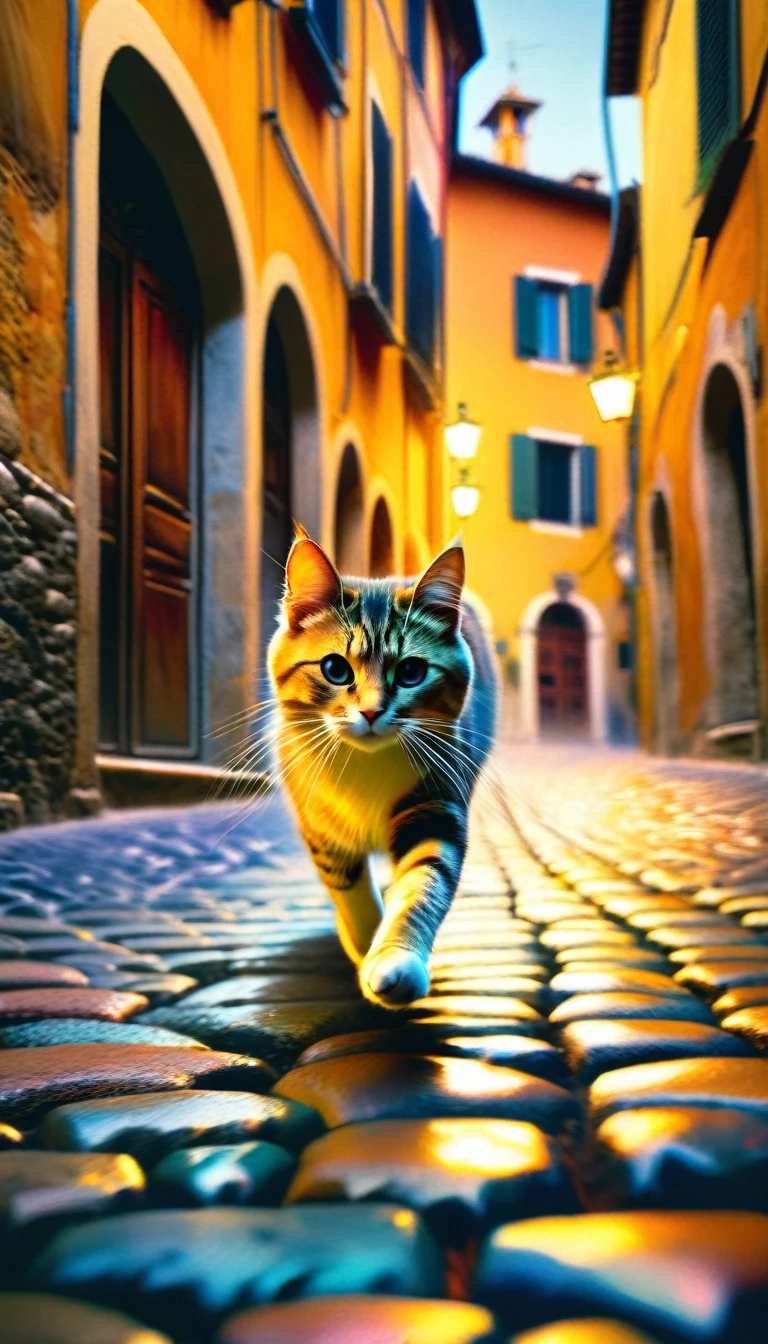 1cat running through the streets of a charming Italian town,,sharp focus,physically-based rendering,extreme detail description,professional,vivid colors,bokeh,street scene,medieval architecture,cobblestone roads,colorful buildings,laundry hanging from windows,potted plants,cats,warm lighting,golden hour,picturesque,cinematic,landscape,photography (art inspired by Bill Sienkiewicz). oil painting)
