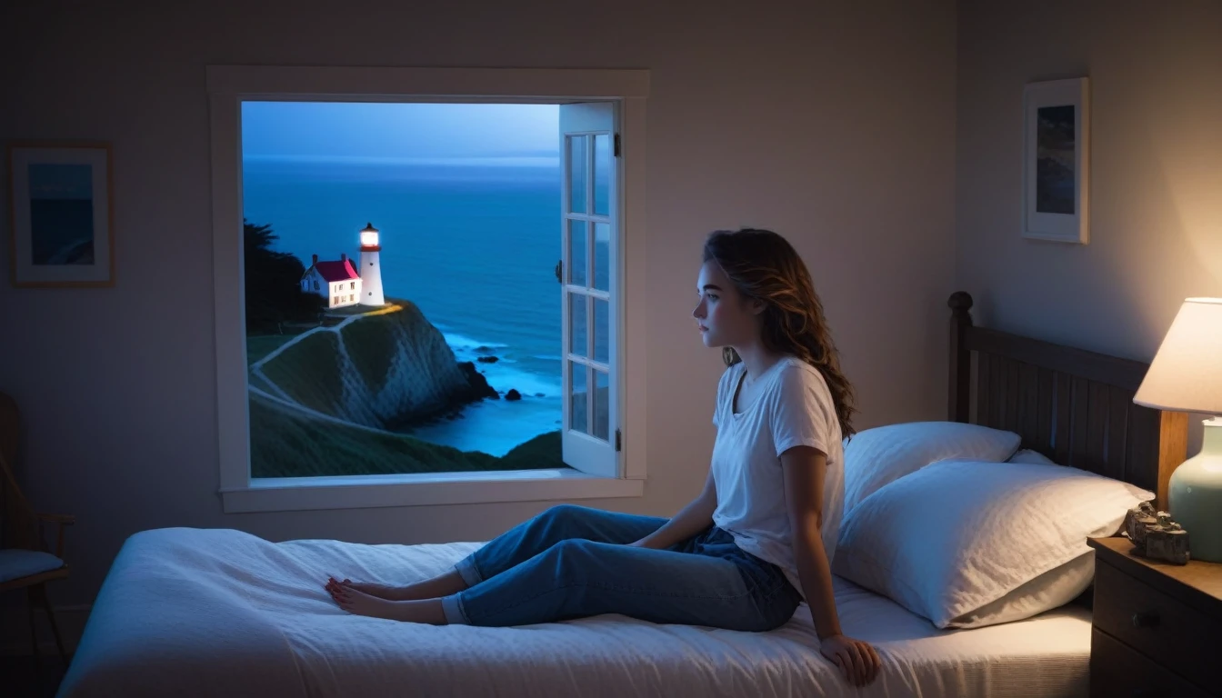 low light bed room, almost dark, age woman seating at the window in bed, window showing a beach with a light house down path a valley