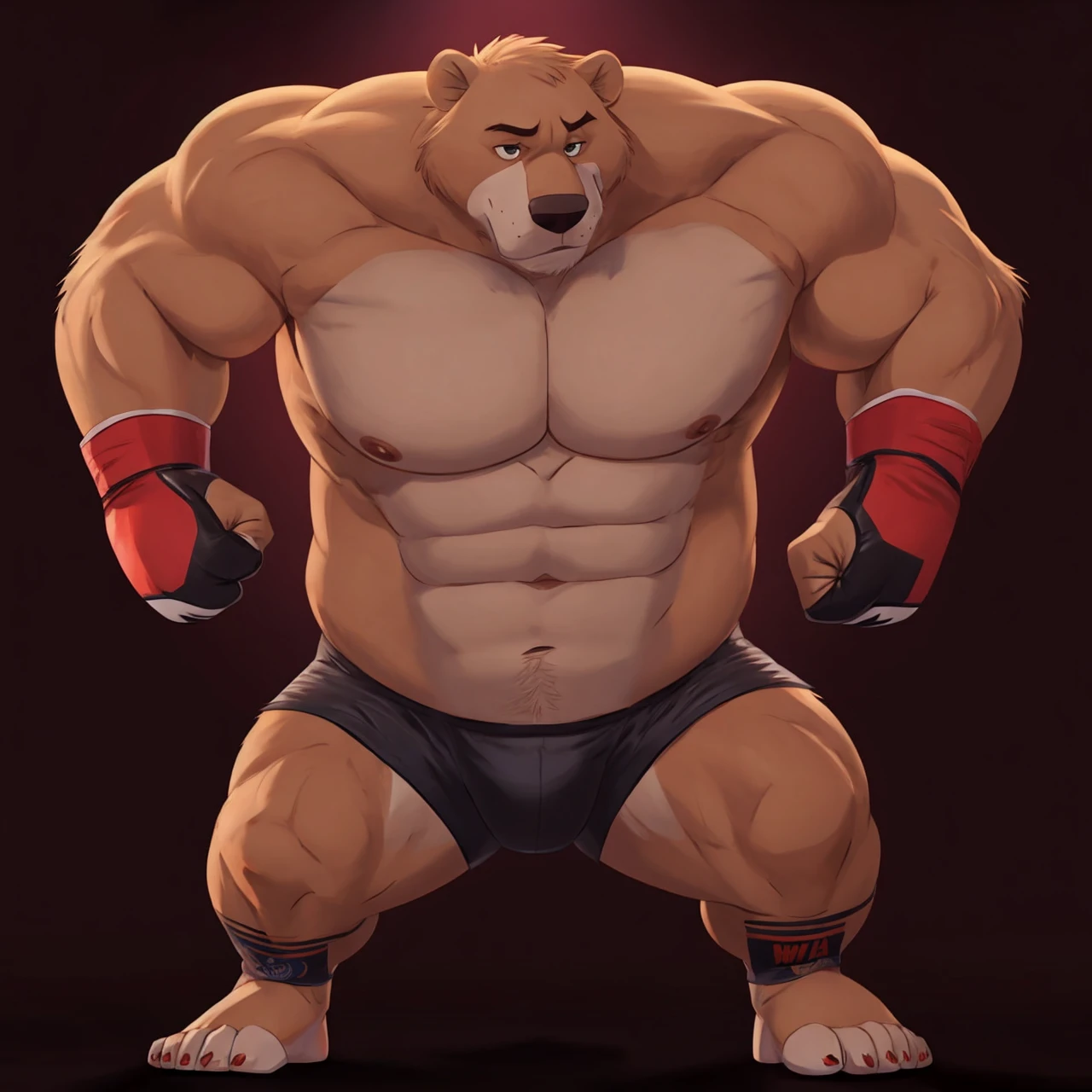 Baloo as the kickboxing MMA Champion, huge thick muscles, shirtless and topless, kickboxing gloves, MMA shorts, footwear, brown fur, correct anatomy, by Walt Disney