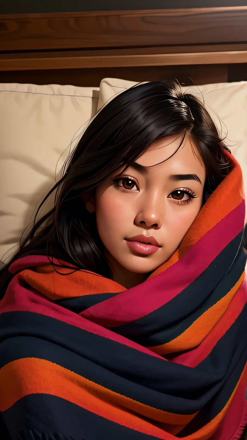 1girl, photo \(medium\), solo, black hair, photorealistic, asian, lips, long hair, dark brown eyes, cozy, snuggly, blanket, southwestern design, looking at viewer, sitting