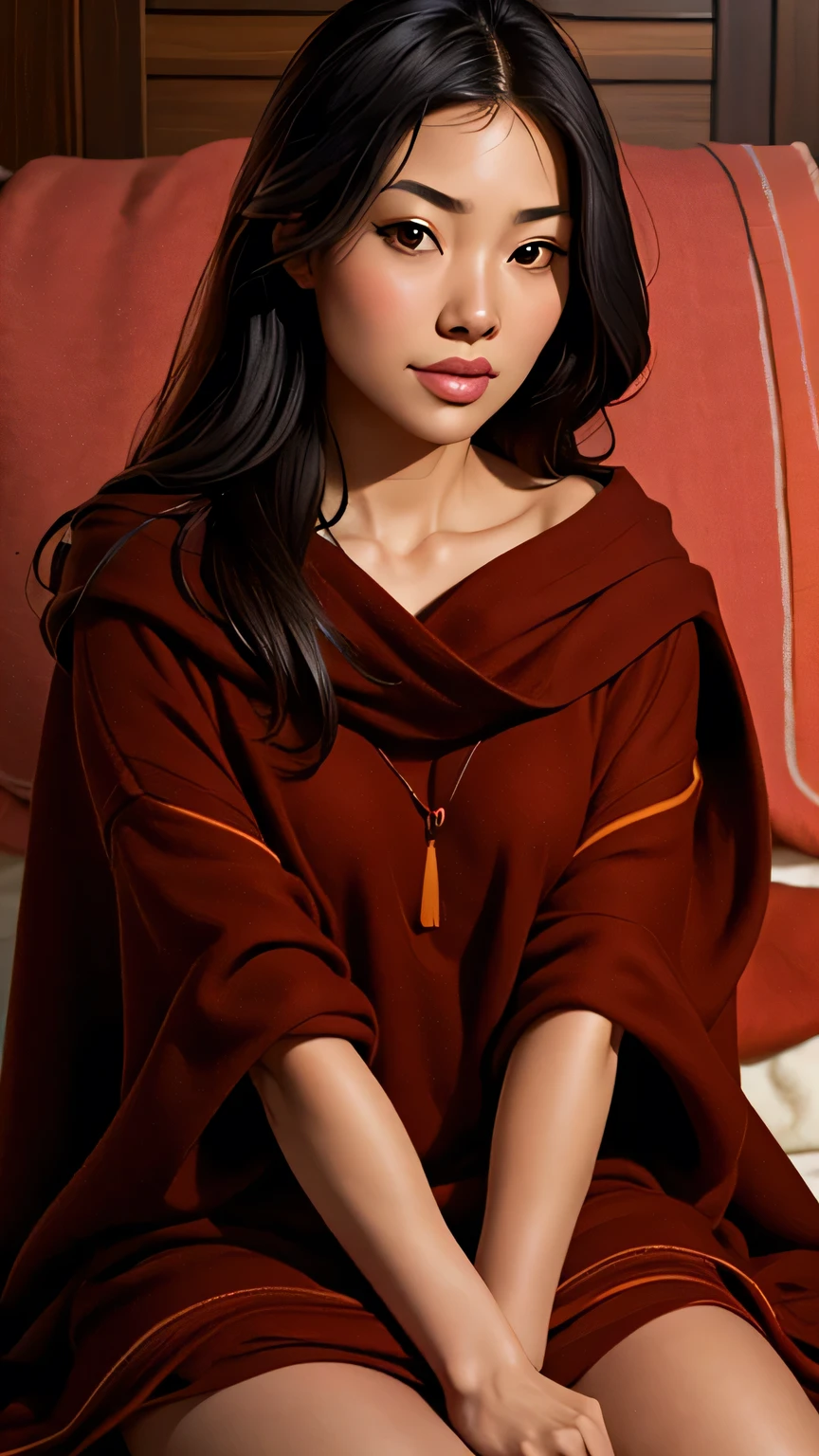 1girl, photo \(medium\), solo, black hair, photorealistic, asian, lips, long hair, dark brown eyes, cozy, snuggly, blanket, southwestern design, looking at viewer, sitting