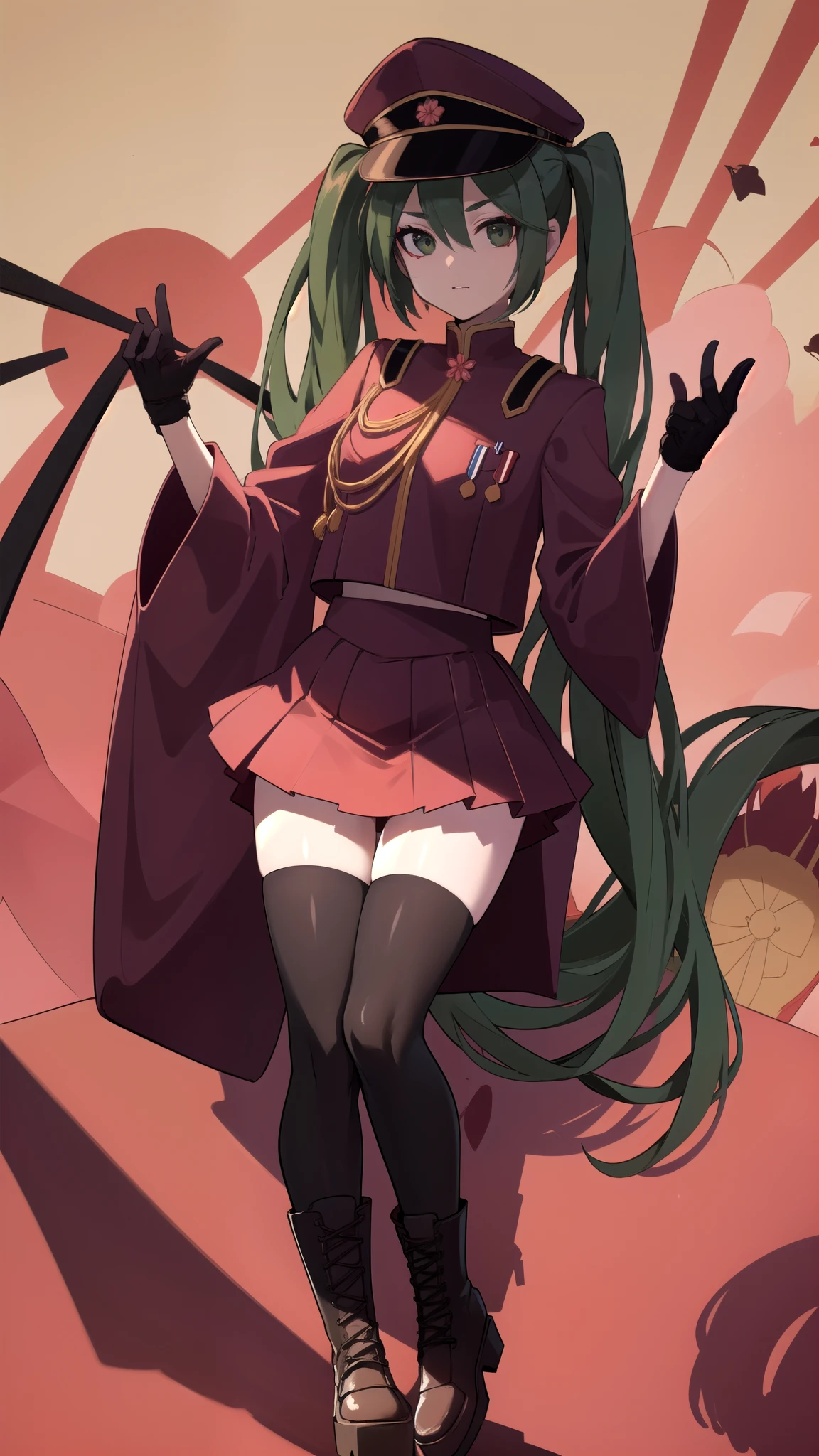 1girl,solo,senbon-zakura_(vocaloid),senbonzakuramiku, green hair, twintails, peaked cap, green eyes,military uniform, red jacket, medal, long sleeves, wide sleeves, black gloves, half gloves, red skirt, red thighhighs, Cherry Blossoms,old town of japan\((shadow puppet:1.5)\),dynamic angle,dynamic pose,Portrait