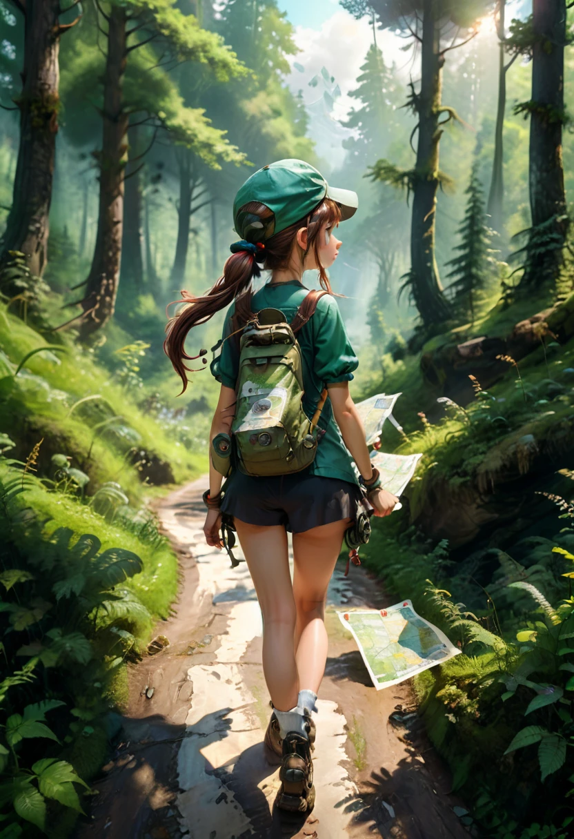 (girl, Twin Tails), the scene mainly depicts a girl wearing an adventure hat. Her ponytails hang down from both sides of the hat, and she is walking along a forest path, holding a map and compass in her hand. The background is a verdant forest, full body, (Photography, Raw photo), panoramic view, award-winning, cinematic still, emotional, vignette, dynamic, vivid, (masterpiece, best quality, Professional, perfect composition, very aesthetic, absurdres, ultra-detailed, intricate details:1.3)