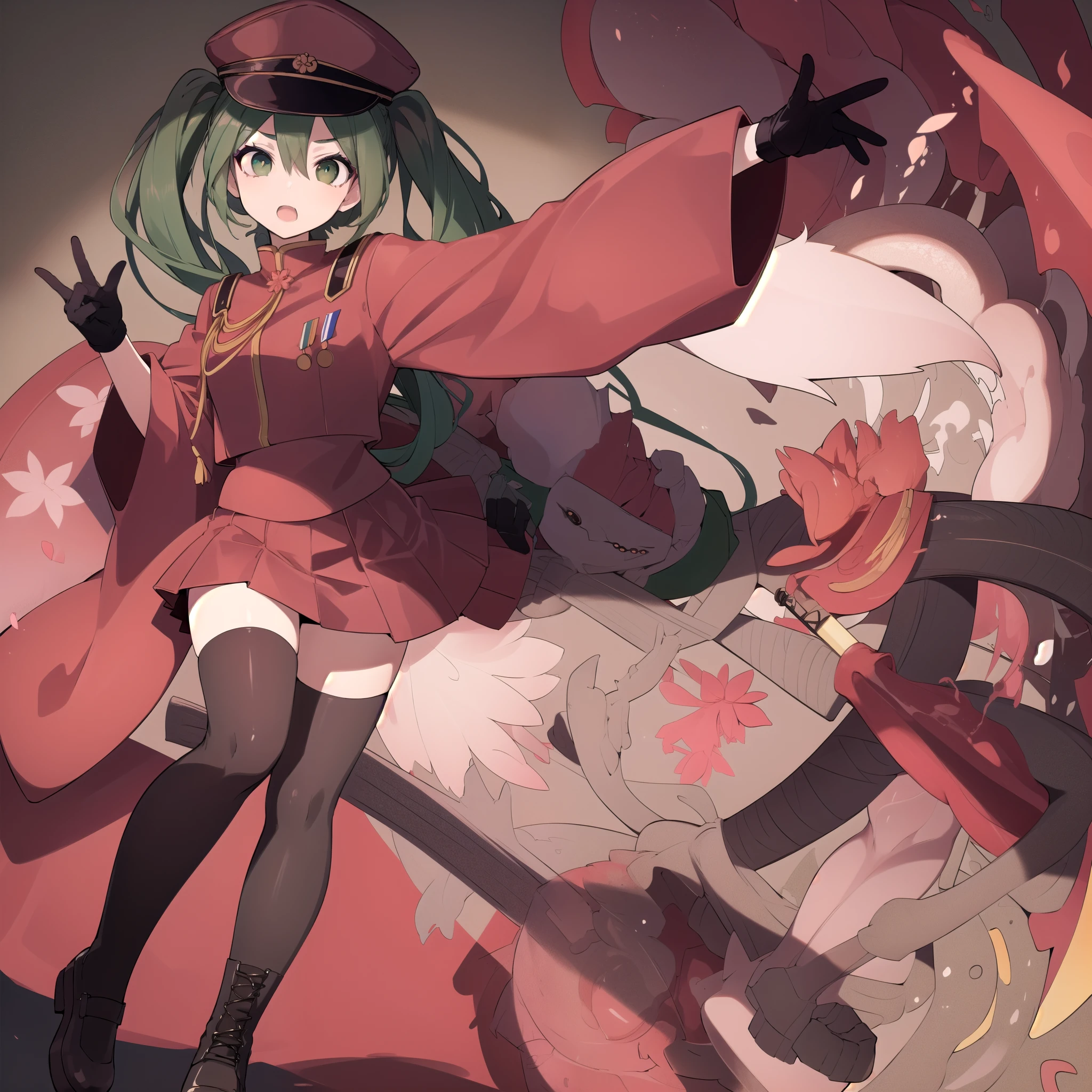 1girl,(solo:1.6),senbon-zakura_(vocaloid),senbonzakuramiku, green hair, twintails, peaked cap, green eyes,military uniform, red jacket, medal, long sleeves, wide sleeves, black gloves, half gloves, red skirt, red thighhighs,many Cherry Blossoms,old town of japan\((shadow puppet:1.5)\),dynamic angle,dynamic pose,cute,anatomiccaly correct body,background ray beam