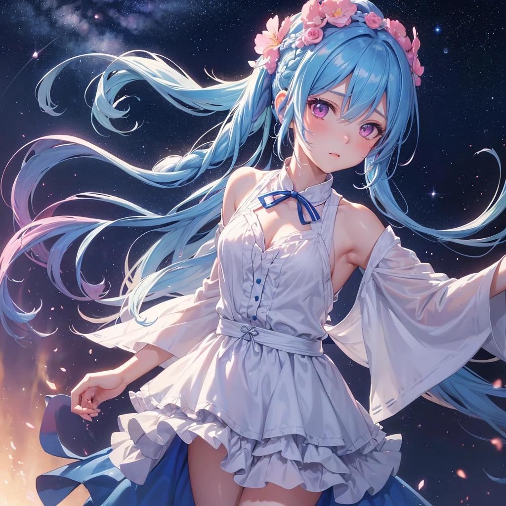 Sky blue hair, (One braided ponytail),(Pink Eyes),Fair skin ,(whole body),(One girl),Orihime,Sky Yue,Tanabata,(The Milky Way in the night sky),Hollow Eyes,Blushing,Straight bangs,(masterpiece, Highest quality, Very detailed, Best Shadow), (Detailed Background), (Beautifully detailed face), High Contrast, (Best lighting, Very delicate and beautiful), ((Cinematic Light)), colorful, Hyper Detail, Dramatic Light, Intricate details,Open your arms