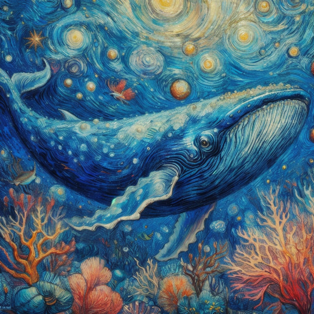 "A blue whale swimming in the deep blue ocean. The immense size and graceful movements are emphasized, with sunlight illuminating the water in the background."