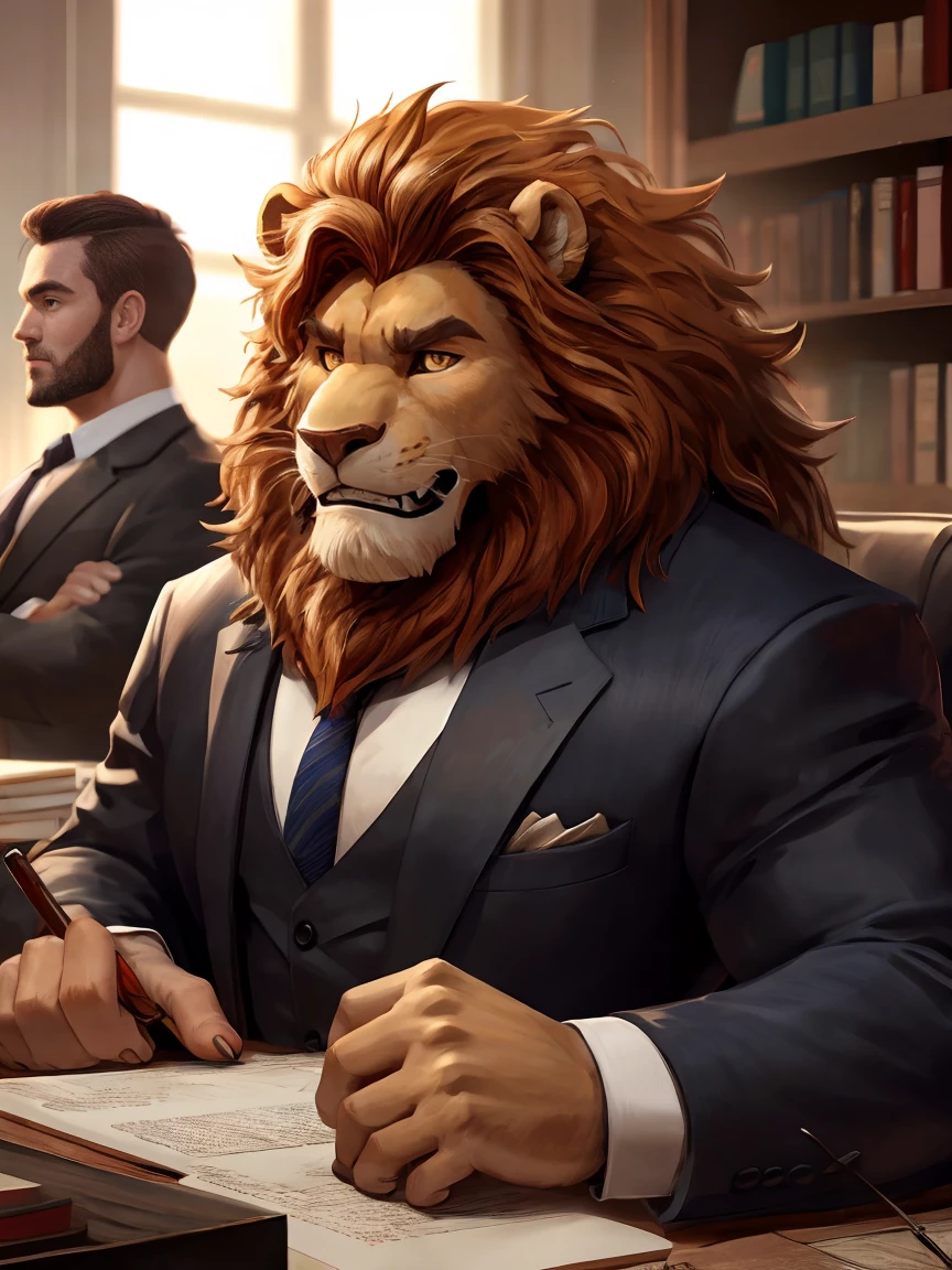 office，Looking at you with an embarrassed expression, Scene at the desk, , (super detailed), sharp focus,Shy，lion orc,golden eyes, brown mane, Light-colored fur, White beard, human nature (lion), male, middle aged, Shallow body, white belly, muscular, super detailed face, (exquisite eyes)frown,Embarrassed expression，Tooth grinned，suit and tie，motion blur, (best quality), (masterpiece), high detail, high quality, Award-winning, high resolution, HD, 16K, 