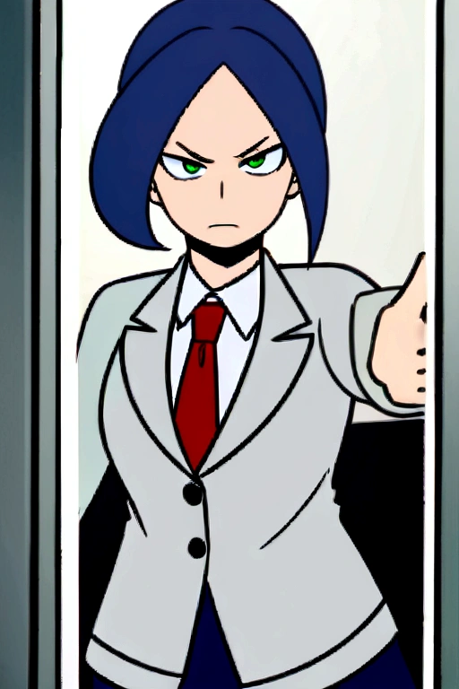 Screenshot Boku no Hero Academia, ua hallway background. Full body shot. young woman. short wavy navy blue hair with a white strand taken in a ponytail. light green eyes. parts. a wave tattoo on the neck. white long sleeve button up shirt, a gray jacket with blue-green stripes and a red tie. annoyed, showing a finger.