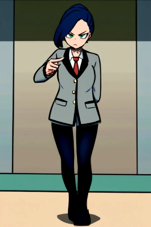 Screenshot Boku no Hero Academia, ua hallway background. Full body shot. young woman. short wavy navy blue hair with a white strand taken in a ponytail. light green eyes. parts. a wave tattoo on the neck. white long sleeve button up shirt, a gray jacket with blue-green stripes and a red tie. annoyed, showing a finger.