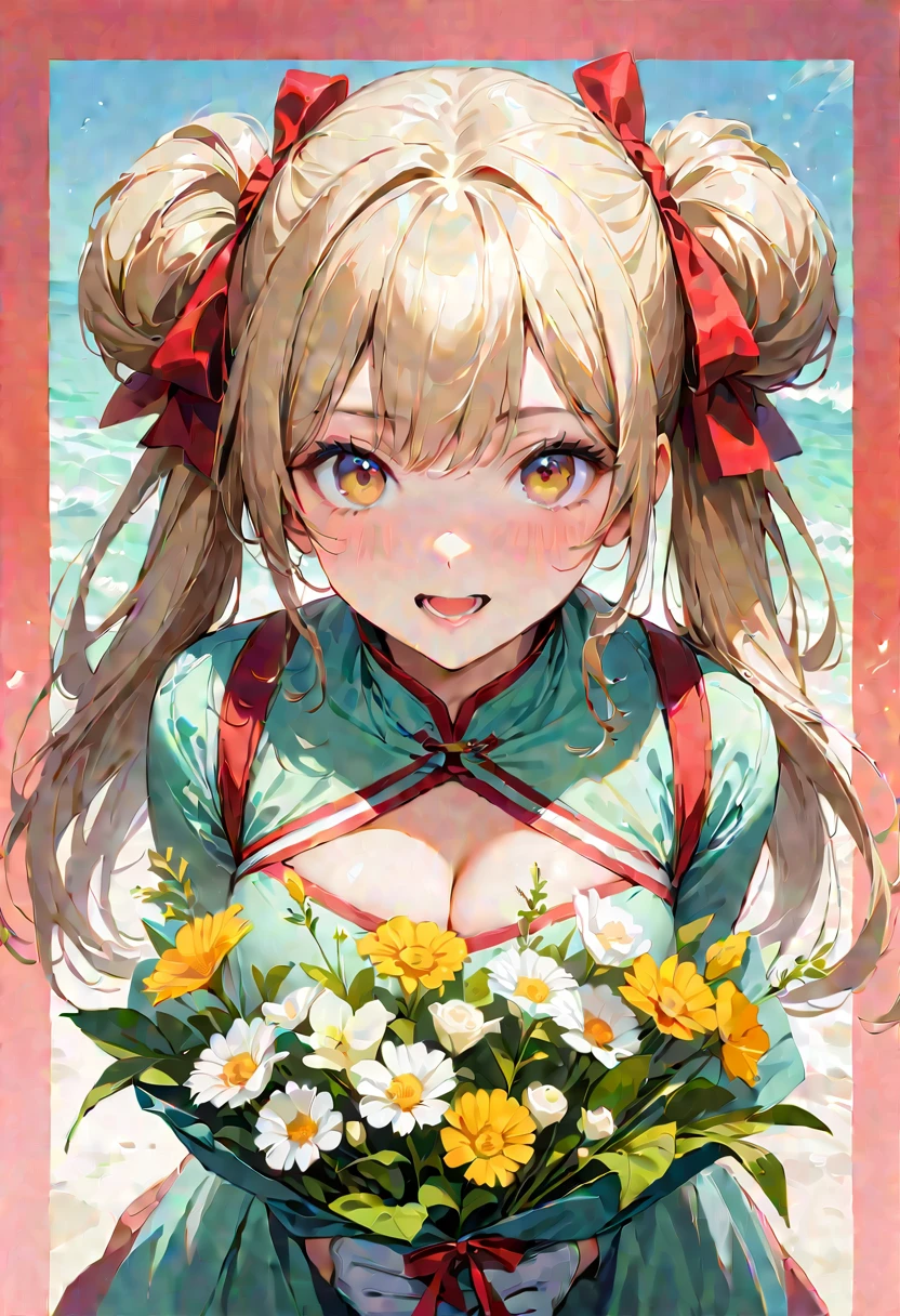 20 years old,1 girl,hyperrealistic, 8k, (extremely detailed 8k), (very delicate and beautiful), (masterpiece), (better quality:1.0), (ultra high resolution:1.0), (masterpiece, best quality), cute,blonde,cleavage cutout,(broen dress:1.3),(crop top navel:1),gleaming skin,twintails,twin bun,a red ribbon on the head,long hair,pastel green frill Chinese-made dress,white long gloves,delighted,pink border,hold a bouquet of flowers,from the front,a bunch of flowers,POV,bust shot