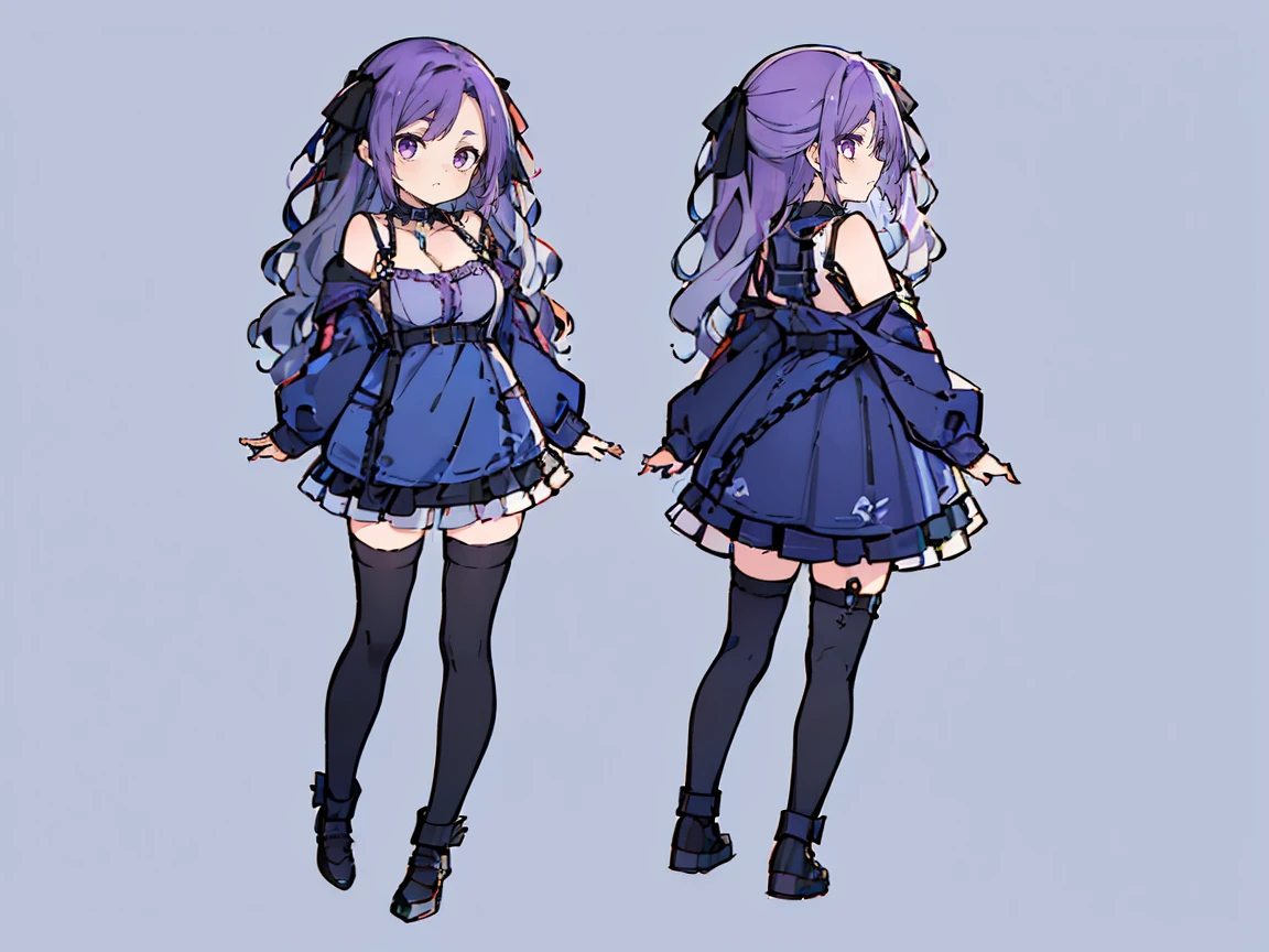 (((three-sided view, front view, side view, back view, multiple views, multiple poses and expressions, many parts)), concept art, character concept art, character sheet, Full body, illustration, (simple background, gray background), 1 character, 1girl, fantasy art:1.1), (reo mikage:0.7), blue lock, girls with((purple hair, bangs, (one side up, long wavy hair, ribbon:1.55), perfect hands, perfect fingers, (exposed breasts, tits cleavage, breasts close up:1.2), dress((suspenders, dress, blue camisole dress, belts, blue clothes, frills shirt, black underwear and silver choker, khaki hoodies jacket, long sleeves, straps, handcuffs, chain, ribbon:1.2)), white legwear, thighhighs, single thighhighs, single legwear, black footwear, strap shoes:1.42))