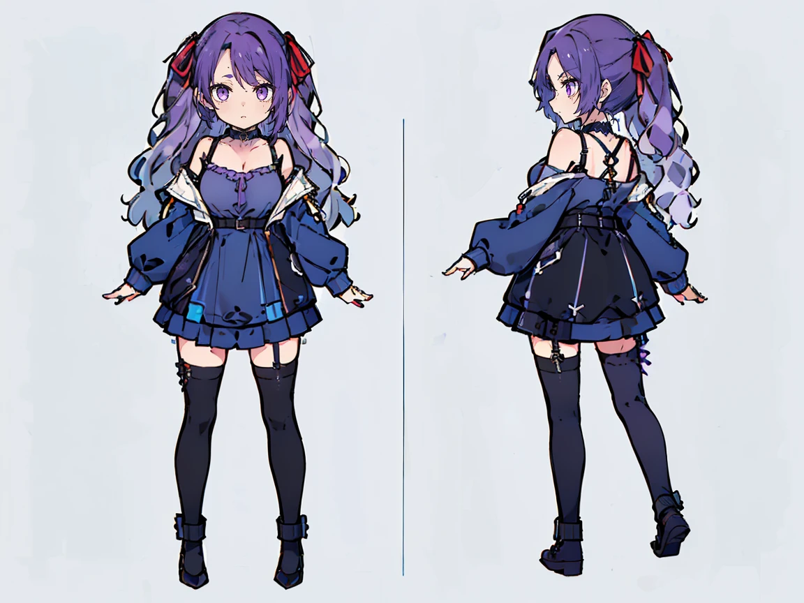 (((three-sided view, front view, side view, back view, multiple views, multiple poses and expressions, many parts)), concept art, character concept art, character sheet, Full body, illustration, (simple background, gray background), 1 character, 1girl, fantasy art:1.1), (reo mikage:0.7), blue lock, girls with((purple hair, bangs, (one side up, long wavy hair, ribbon:1.55), perfect hands, perfect fingers, (exposed breasts, tits cleavage, breasts close up:1.2), dress((suspenders, dress, blue camisole dress, belts, blue clothes, frills shirt, black underwear and silver choker, khaki hoodies jacket, long sleeves, straps, handcuffs, chain, ribbon:1.2)), white legwear, thighhighs, single thighhighs, single legwear, black footwear, strap shoes:1.42))
