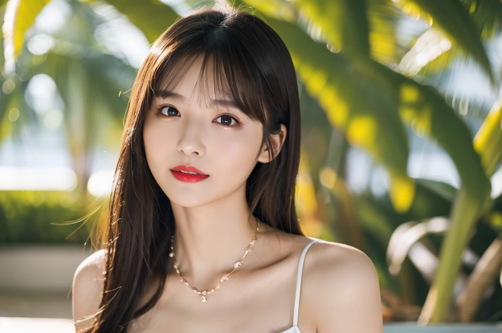 (Highest quality、On the table、8K、Best image quality、Award-winning works)、(Young girl, :1.3)、(White camisole:1.2)、(Red eyeshadow:1.2)、Perfect Makeup、Long eyelashes、Ultra HD Shining Eyes、Ultra HD Hair、Ultra-high resolution glossy lips、Ultra High Resolution Perfect Teeth、Ultra HD cute face、Brown Hair、(Very short straight hair:1.1)、Look at me and smile、[clavicle]、Accurate anatomy、Tropical Beach、(The most atmospheric warm light:1.2)、Blurred Background、Has bangs、Ultra-high-definition, shiny, moisturized face、Ultra-high resolution glowing skin、The most delicate face、Super high resolution detailed faces、ultra high resolution hair、Ultra high resolution glowing eyes、Beautiful face with delicate expression、Ultra high resolution glossy red lips、Big Breasts、Cleavage、Fashion Necklace、