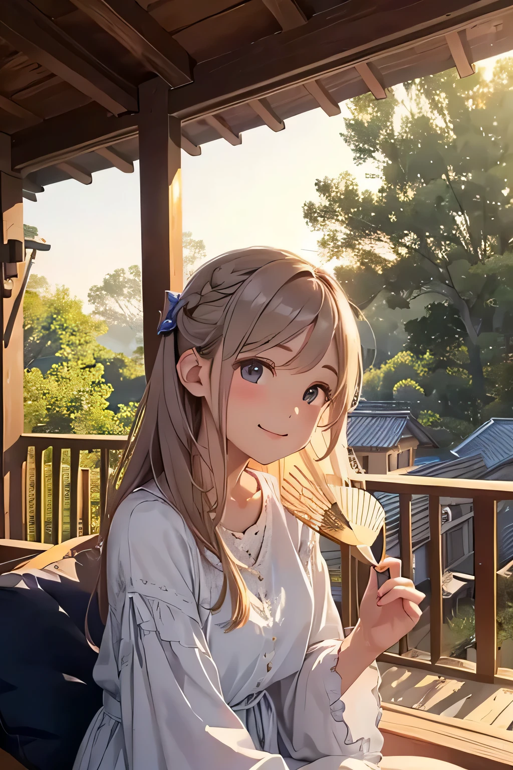 Highest quality、High resolution、Detailed Background、(Beautiful face in every detail:1.2)、Anatomically correct、Detailed facial expressions、Teenage beauty、(Highly detailed face:1.1)、Cute hair colour、Cute hairstyle、well-groomed eyebrows、Perfect body line、Smiling、
A house at dusk、Sit on the porch、The breeze outside is pleasant、Feeling cool with a fan、The sound of a fan spinning、I can hear it through the screen door、Summer twilight time、Relax and unwind、sit on the veranda、Take a slow, deep breath、The light of the day is fading、A comfortable time、The breeze outside is pleasant、A breather、A relaxing evening、Enjoy a summer moment