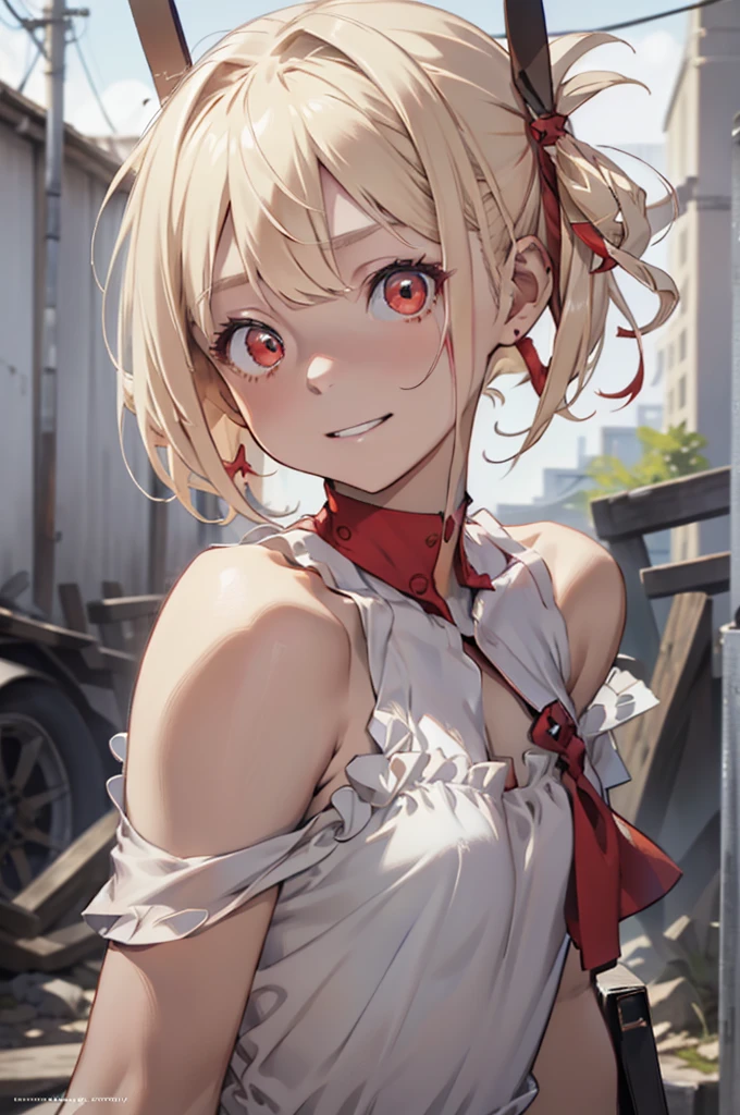 Satanic, Chisato, Short hair, bangs, Blonde hair, (Red Eyes:1.5), Hair Ribbon, one side up, bob cuts,
BREAK  shirt, Bare shoulders, Twin-tailed, clavicle, Hair Ribbon, White shirt, frilld, off shoulders, Red Ribbon, short twintails, off shoulder shirt, frill shirt,
BREAK outdoors, Grinning，
BREAK looking at viewer, BREAK (masutepiece:1.2), Best Quality, High resolution, Unity 8k Wallpaper, (Illustration:0.8), (Beautiful detailed eyes:1.6), extra detailed face, Perfect Lighting, extremely details CG, (Perfect hands, Perfect Anatomy),