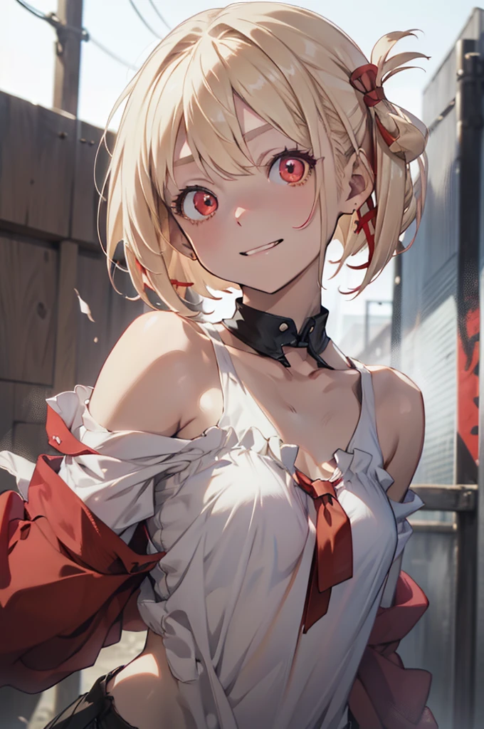 Satanic, Chisato, Short hair, bangs, Blonde hair, (Red Eyes:1.5), Hair Ribbon, one side up, bob cuts,
BREAK shirt, Bare shoulders, Twin-tailed, clavicle, Hair Ribbon, White shirt, frilld, off shoulders, Red Ribbon, short twintails, off shoulder shirt, frill shirt,
BREAK outdoors, Grinning,
BREAK looking at viewer, BREAK (masutepiece:1.2), Best Quality, High resolution, Unity 8k Wallpaper, (Illustration:0.8), (Beautiful detailed eyes:1.6), extra detailed face, Perfect Lighting, extremely details CG, (Perfect hands, Perfect Anatomy),