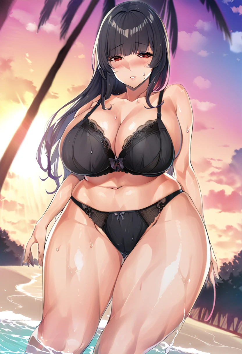 1 girl, black hair, red eyes, large breasts, curvy body, wearing black bra, black panties, standing in the beach, Beautiful blue sky and bright sun, detailed trees, sweat and wet 