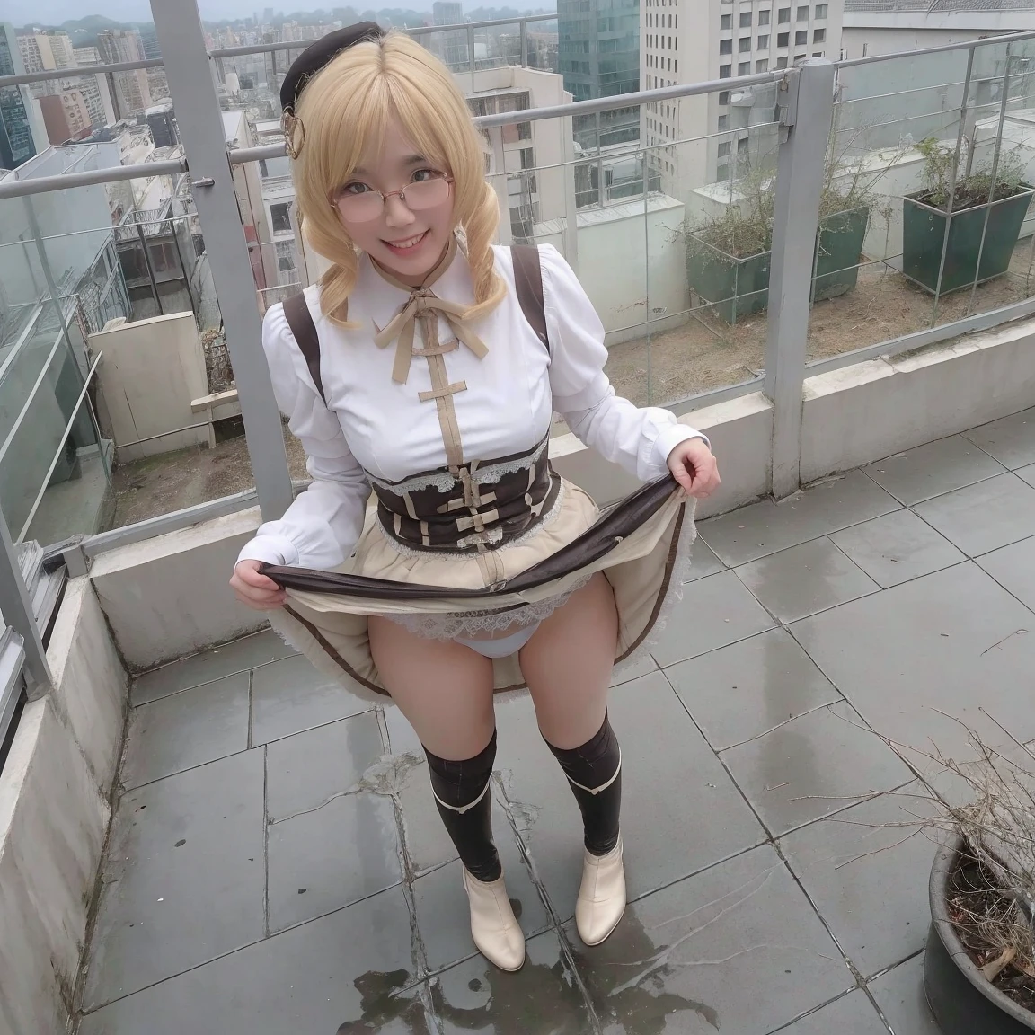 1 person、Slender woman with glasses、Looks young、Show your underwear、Sheer lace underwear、Mami Tomoe、smile、Rooftop、Are standing、Urinating while standing