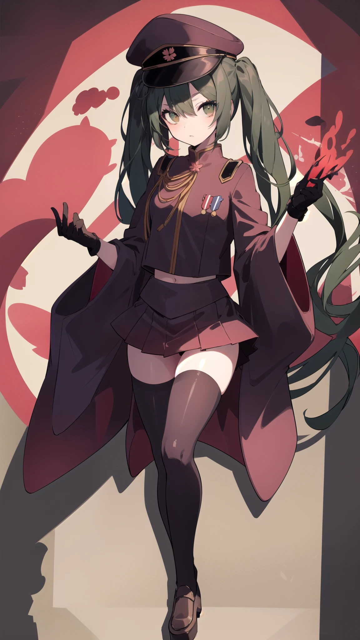 1girl,(solo:1.6),senbon-zakura_(vocaloid),senbonzakuramiku, green hair, twintails, peaked cap, green eyes,military uniform, red jacket, medal, long sleeves, wide sleeves, black gloves, half gloves, red skirt, red thighhighs,many Cherry Blossoms,old town of japan\((shadow puppet:1.5)\),dynamic angle,dynamic pose,cute,anatomiccaly correct body,background ray beam