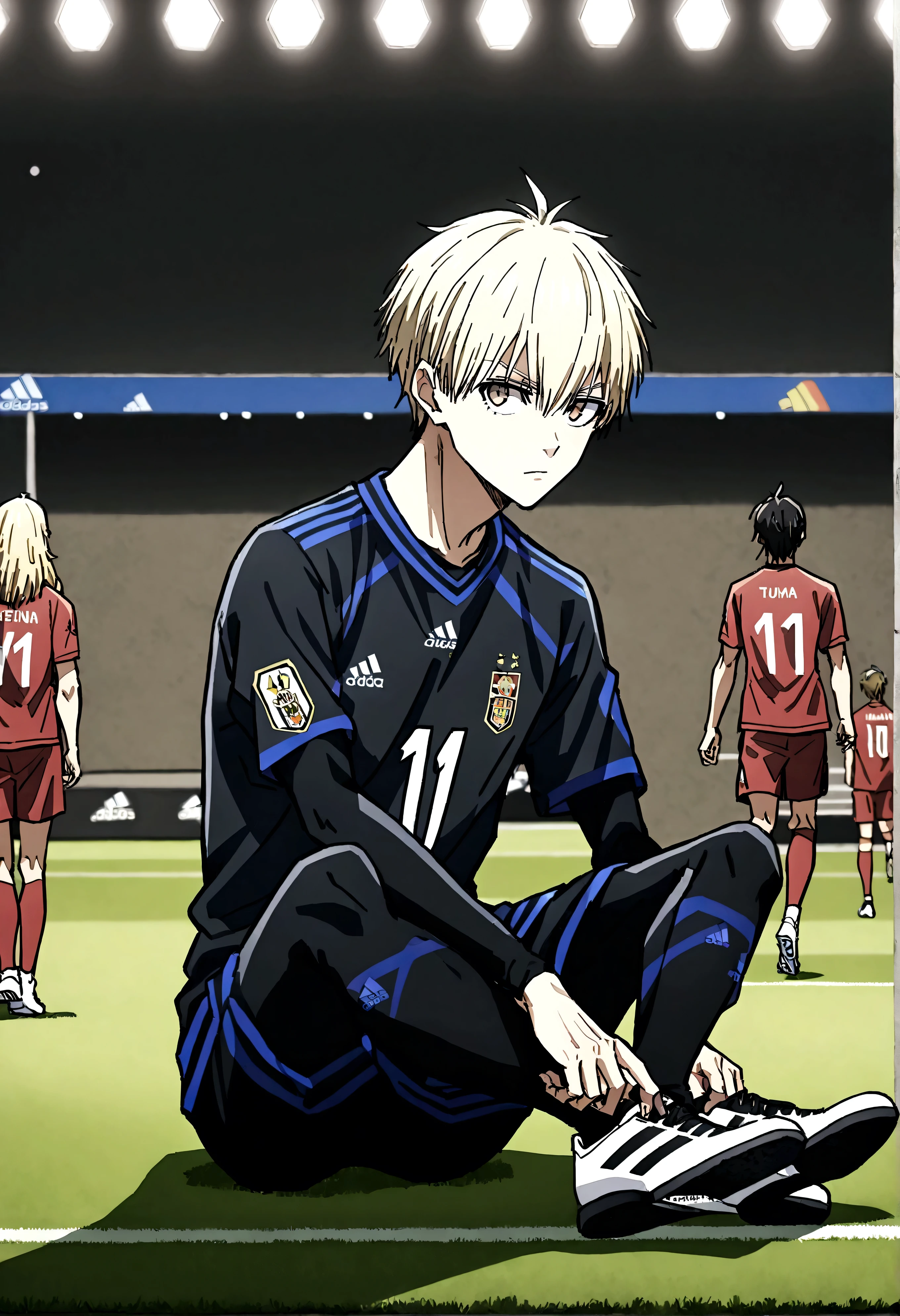1boy, lion eyes, Vestindo a camisa da seleção iraquiana da Adidas, Sentado em uma bola de futebol no centro do Camp Nou, brown eyes, fashionable hair, blonde hair, black shirt, number 11, looking at the side, {{long hair}}, 