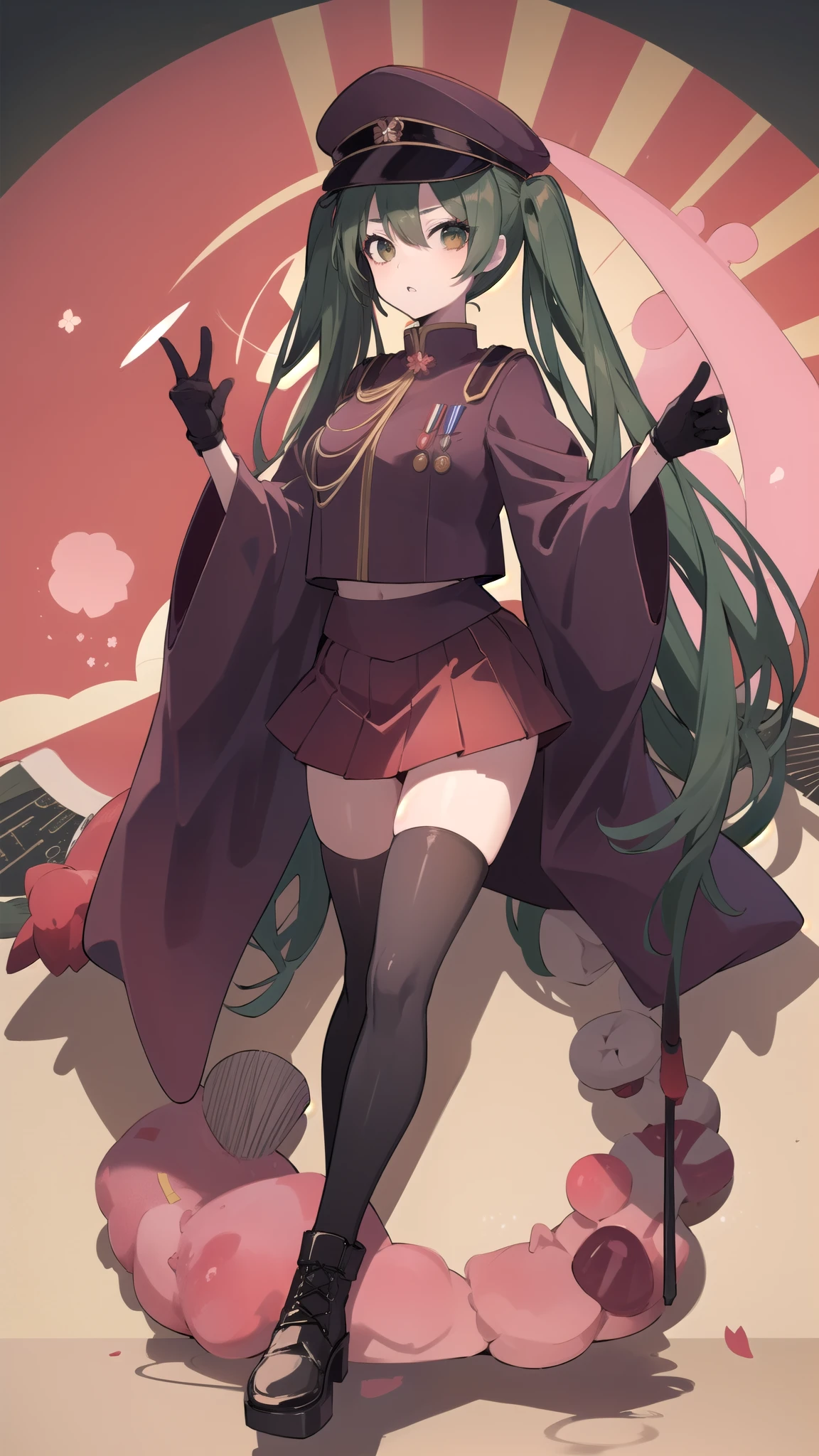 1girl,(solo:1.6),senbon-zakura_(vocaloid),senbonzakuramiku, green hair, twintails, peaked cap, green eyes,military uniform, red jacket, medal, long sleeves, wide sleeves, black gloves, half gloves, red skirt, red thighhighs,many Cherry Blossoms,old town of japan\((shadow puppet:1.5)\),dynamic angle,dynamic pose,cute,anatomiccaly correct body,background ray beam