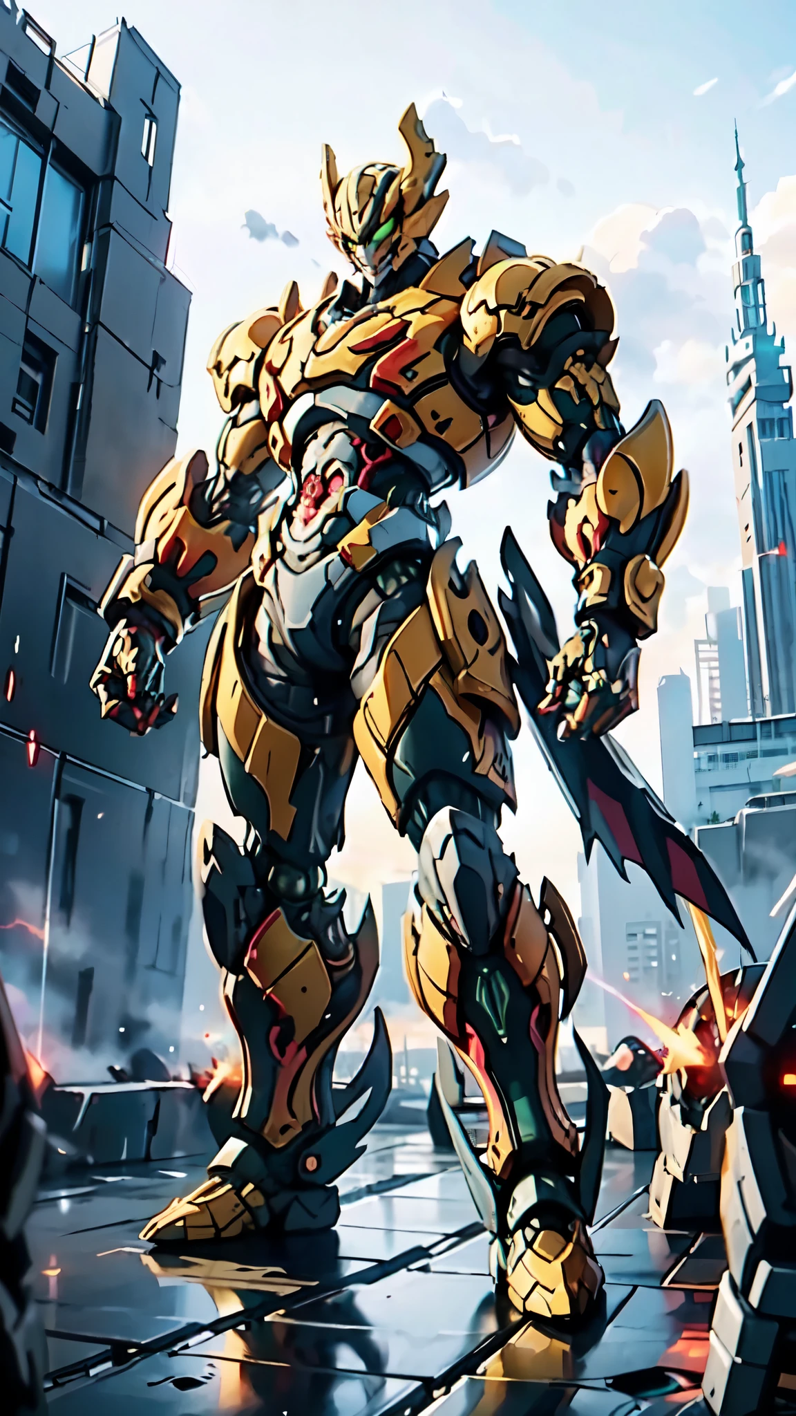 (masterpiece:1.5, best quality:1.5, extremely delicate:1.5, perspective:1.5, foreshortening:1.5, dynamic angle:1.5), a man wearing a full-face helmet, a fantasy-style biotech armored combat suit, green eyes, (a composite layered chest armor), fully enclosed shoulder guards, matching arm and leg guards, the belt is adorned with fangs biting into orbs, (the color scheme is primarily black with red accents), the design balances heavy with agility, a high-tech bio-mecha armor, (Armor Concept Inspired by Bat, stand on the top of a skyscraper in a futuristic sci-fi city), this character embodies a finely crafted fantasy-surreal style armored hero in anime style, exquisite and mature manga art style, (element, plasma, energy, the armor glows), ((male:1.5)), metallic, high definition, highres, ultra-detailed, ultra-fine painting, professional, perfect body proportions, golden ratio, anatomically correct, symmetrical face, extremely detailed eyes and face, high quality eyes, creativity, RAW photo, UHD, 32k, Natural light, cinematic lighting, masterpiece-anatomy-perfect