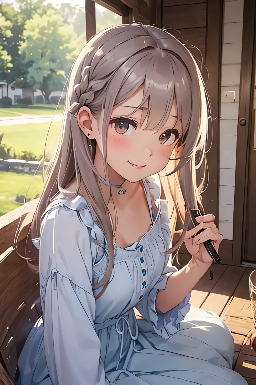 Highest quality、High resolution、Detailed Background、(Beautiful face in every detail:1.2)、Anatomically correct、Detailed facial expressions、Teenage beauty、(Highly detailed face:1.1)、Cute hair colour、Cute hairstyle、well-groomed eyebrows、Perfect body line、Smiling、
A house at dusk、Sit on the porch、The breeze outside is pleasant、Feeling cool with a fan、The sound of a fan spinning、I can hear it through the screen door、Summer twilight time、Relax and unwind、sit on the veranda、Take a slow, deep breath、The light of the day is fading、A comfortable time、The breeze outside is pleasant、A breather、A relaxing evening、Enjoy a summer moment