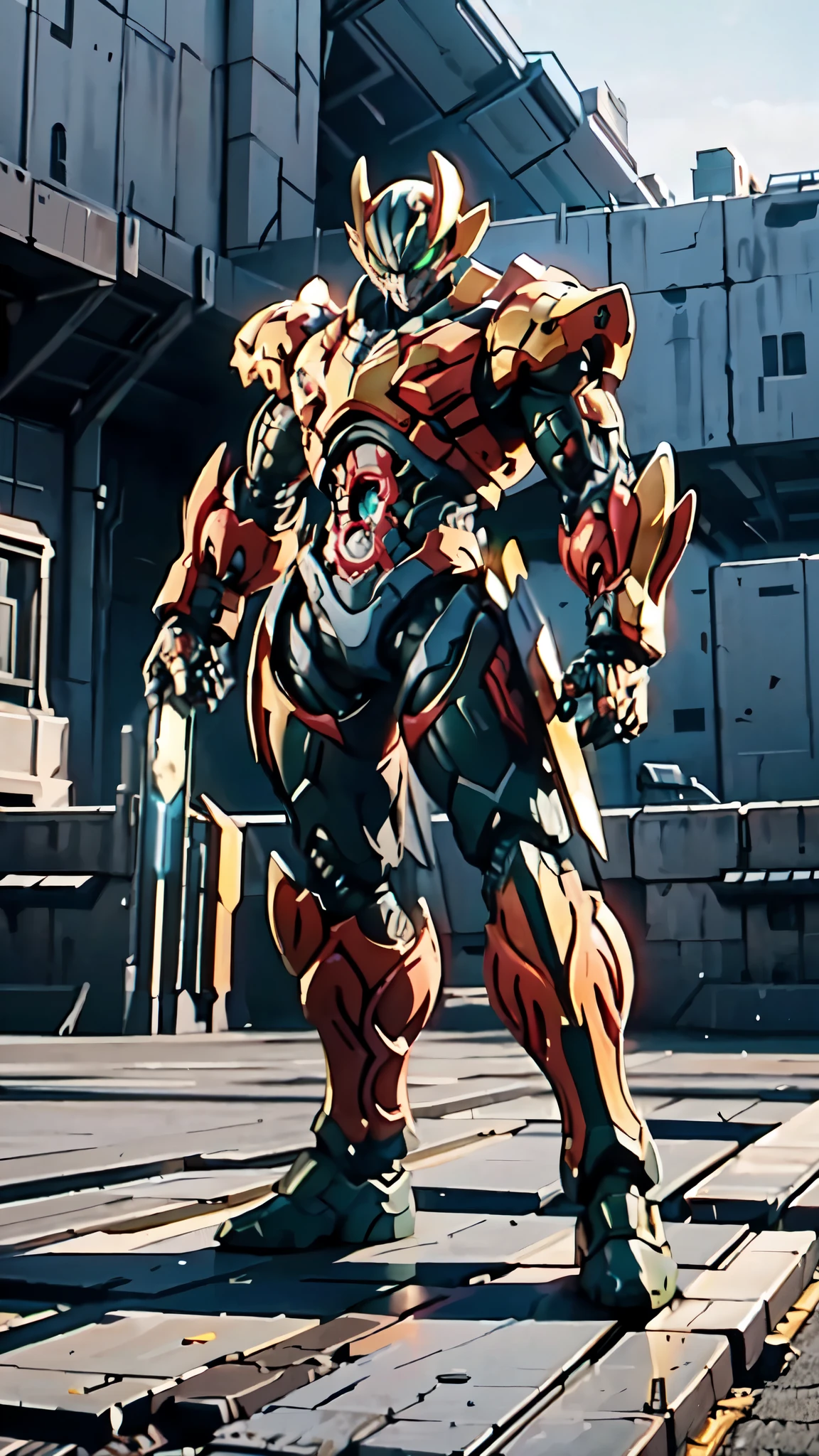 (masterpiece:1.5, best quality:1.5, extremely delicate:1.5, perspective:1.5, foreshortening:1.5, dynamic angle:1.5), a man wearing a full-face helmet, a fantasy-style biotech armored combat suit, green eyes, (a composite layered chest armor), fully enclosed shoulder guards, matching arm and leg guards, the belt is adorned with fangs biting into orbs, (the color scheme is primarily black with red accents), the design balances heavy with agility, a high-tech bio-mecha armor, (Armor Concept Inspired by Bat, stand on the top of a skyscraper in a futuristic sci-fi city), this character embodies a finely crafted fantasy-surreal style armored hero in anime style, exquisite and mature manga art style, (element, plasma, energy, the armor glows), ((male:1.5)), metallic, high definition, highres, ultra-detailed, ultra-fine painting, professional, perfect body proportions, golden ratio, anatomically correct, symmetrical face, extremely detailed eyes and face, high quality eyes, creativity, RAW photo, UHD, 32k, Natural light, cinematic lighting, masterpiece-anatomy-perfect
