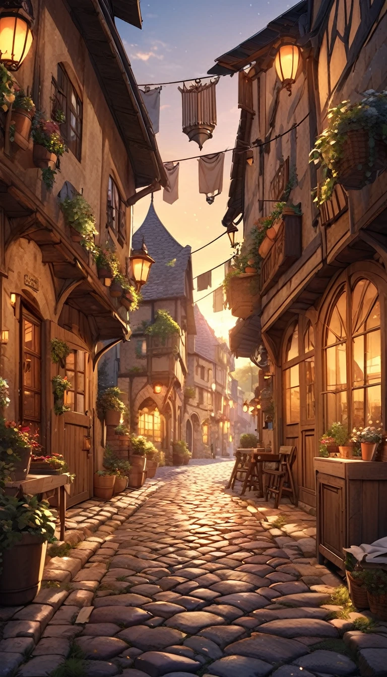 the streets of a charming Italian town,,sharp focus,physically-based rendering,extreme detail description,professional,vivid colors,bokeh,street scene,medieval architecture,cobblestone roads,colorful buildings,laundry hanging from windows,potted plants,warm lighting,golden hour,picturesque,cinematic,landscape,photography