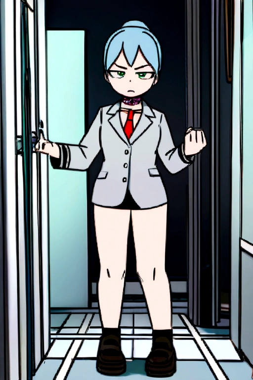 Screenshot Boku no Hero Academia, ua hallway background. Full body shot. young woman. short wavy navy blue hair with a white strand taken in a ponytail. light green eyes. parts. a wave tattoo on the neck. white long sleeve button up shirt, a gray jacket with blue-green stripes and a red tie. annoyed, showing the middle finger.