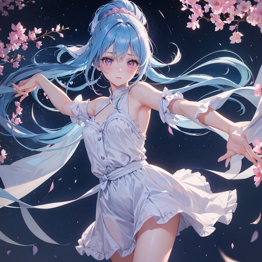 Sky blue hair, (One braided ponytail),(Pink Eyes),Fair skin ,(whole body),(One girl),Orihime,Sky Yue,Tanabata,(The Milky Way in the night sky),Hollow Eyes,Blushing,Straight bangs,(masterpiece, Highest quality, Very detailed, Best Shadow), (Detailed Background), (Beautifully detailed face), High Contrast, (Best lighting, Very delicate and beautiful), ((Cinematic Light)), colorful, Hyper Detail, Dramatic Light, Intricate details,Open your arms