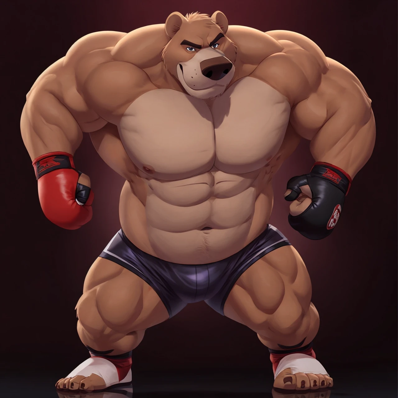 Baloo as the kickboxing MMA Champion, huge thick muscles, shirtless and topless, kickboxing gloves, MMA shorts, footwear, brown fur, correct anatomy, by Walt Disney