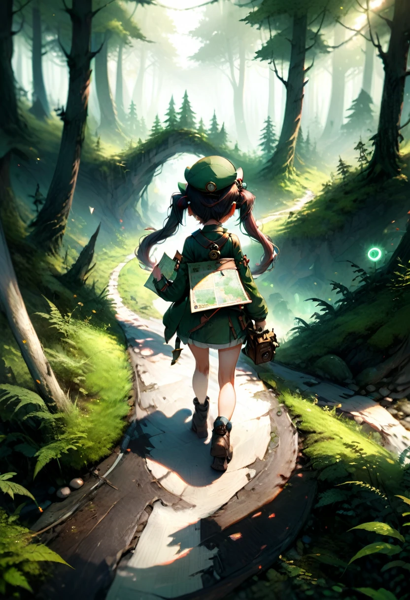 (girl, Twin Tails), the scene mainly depicts a girl wearing an adventure hat. Her ponytails hang down from both sides of the hat, and she is walking along a forest path, holding a map and compass in her hand. The background is a verdant forest, full body, (Photography, Raw photo), panoramic view, award-winning, cinematic still, emotional, vignette, dynamic, vivid, (masterpiece, best quality, Professional, perfect composition, very aesthetic, absurdres, ultra-detailed, intricate details:1.3)