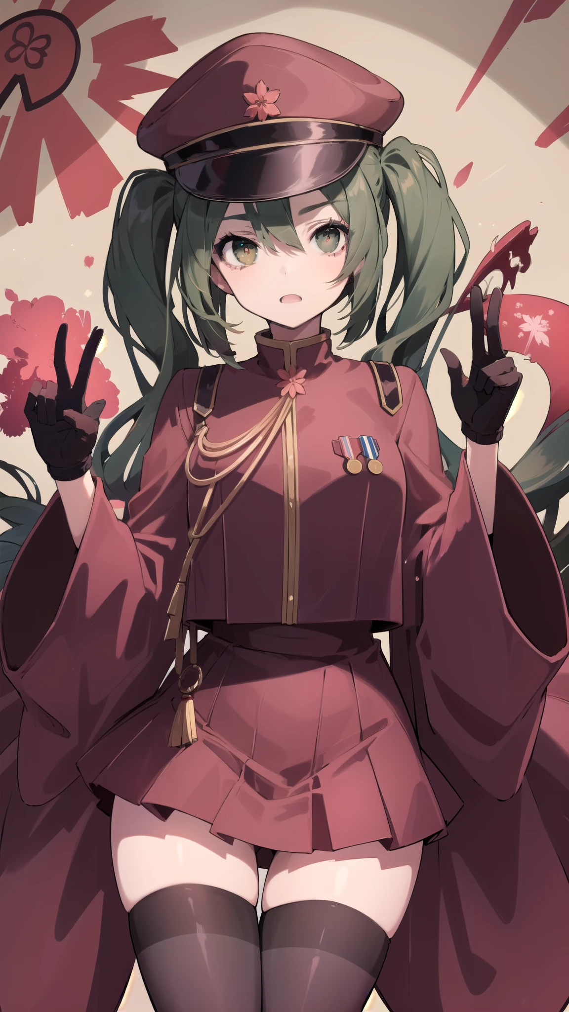 1girl,(solo:1.6),senbon-zakura_(vocaloid),senbonzakuramiku, green hair, twintails, peaked cap, green eyes,military uniform, red jacket, medal, long sleeves, wide sleeves, black gloves, half gloves, red skirt, red thighhighs,many Cherry Blossoms,old town of japan\((shadow puppet:1.5)\),dynamic angle,dynamic pose,cute,anatomiccaly correct body,background ray beam