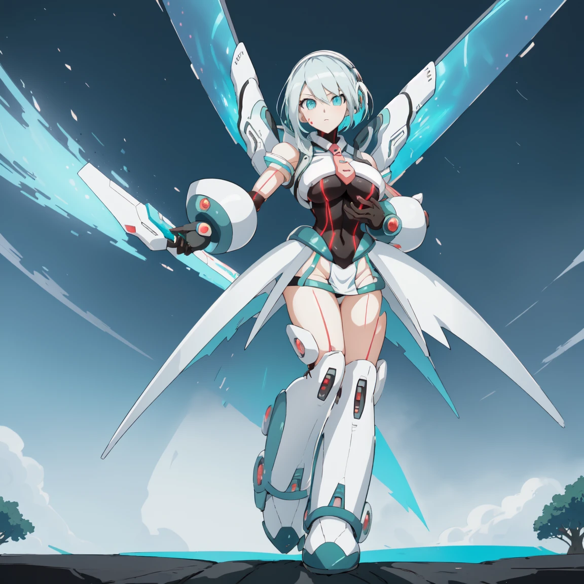 ico_megamanxdive, 1girl, blue eyes, solo, white hair, android, large breasts, black gloves, short hair, thighhighs, necktie, high quality, masterpiece, standing with green flames coming from a tree
