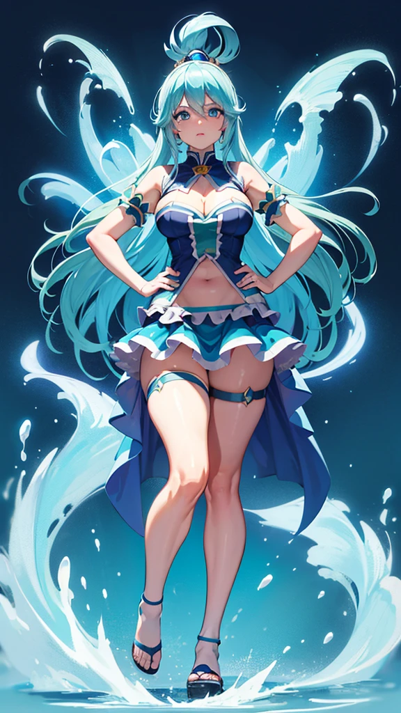 Aqua,konosuba,full body,standing,blue hair,light blue eyes,exposed belly,big thighs,long legs,blue hair,lace background,on a lace,nature background,big ,sort skirt,skirt,aqua,hands on hips 
