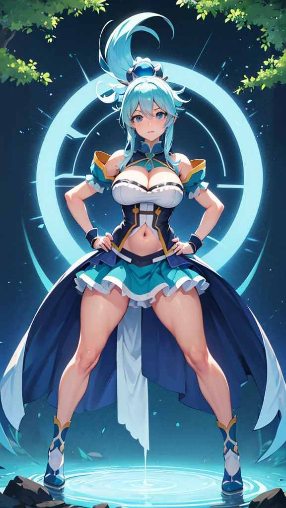 Aqua,konosuba,full body,standing,blue hair,light blue eyes,exposed belly,big thighs,long legs,blue hair,lace background,on a lace,nature background,big ,sort skirt,skirt,aqua,hands on hips