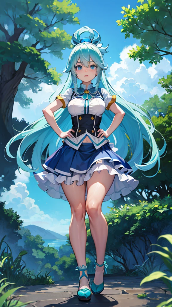 Aqua,konosuba,full body,standing,blue hair,light blue eyes,exposed belly,big thighs,long legs,blue hair,lace background,on a lace,nature background,big ,sort skirt,skirt,aqua,hands on hips